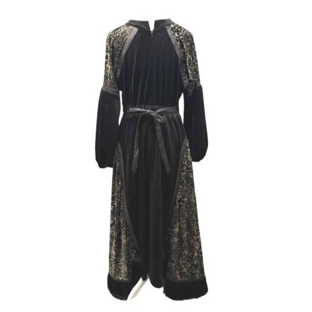 Gothic Black Velvet Maxi Dress‎ Leopard Panels Fringe Renaissance Boho Womens S